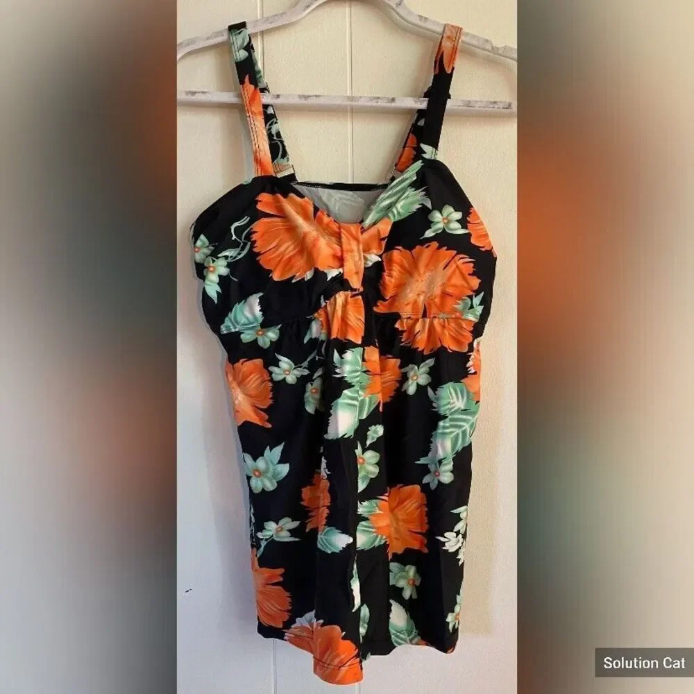 Bathing Suit Women’s Large Tankini Maternity Orange Black Floral